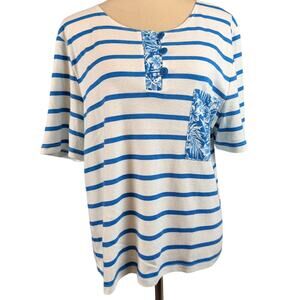 Vintage Fritzi California Striped Blue White Short Sleeve Henley Boxy Large Wome